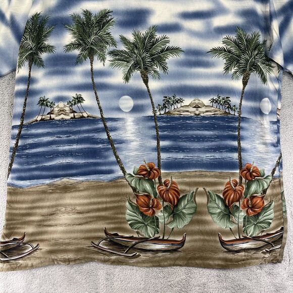 Vintage Pierre Cardin Hawaiian Shirt Mens Large Blue Palm Tree Print Button Up - Picture 9 of 12